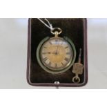 A continental 18ct gold fob watch with engine turned decoration (metal dust cover) in fitted box