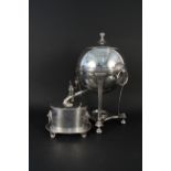 A silver plated hot water urn plus a silver plated biscuit barrel