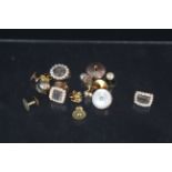 A quantity of gold, yellow metal and costume studs and clasps including two 9ct gold dress studs,