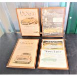 Four small framed posters including of vintage cars including De Sota, Hudson Hornet,