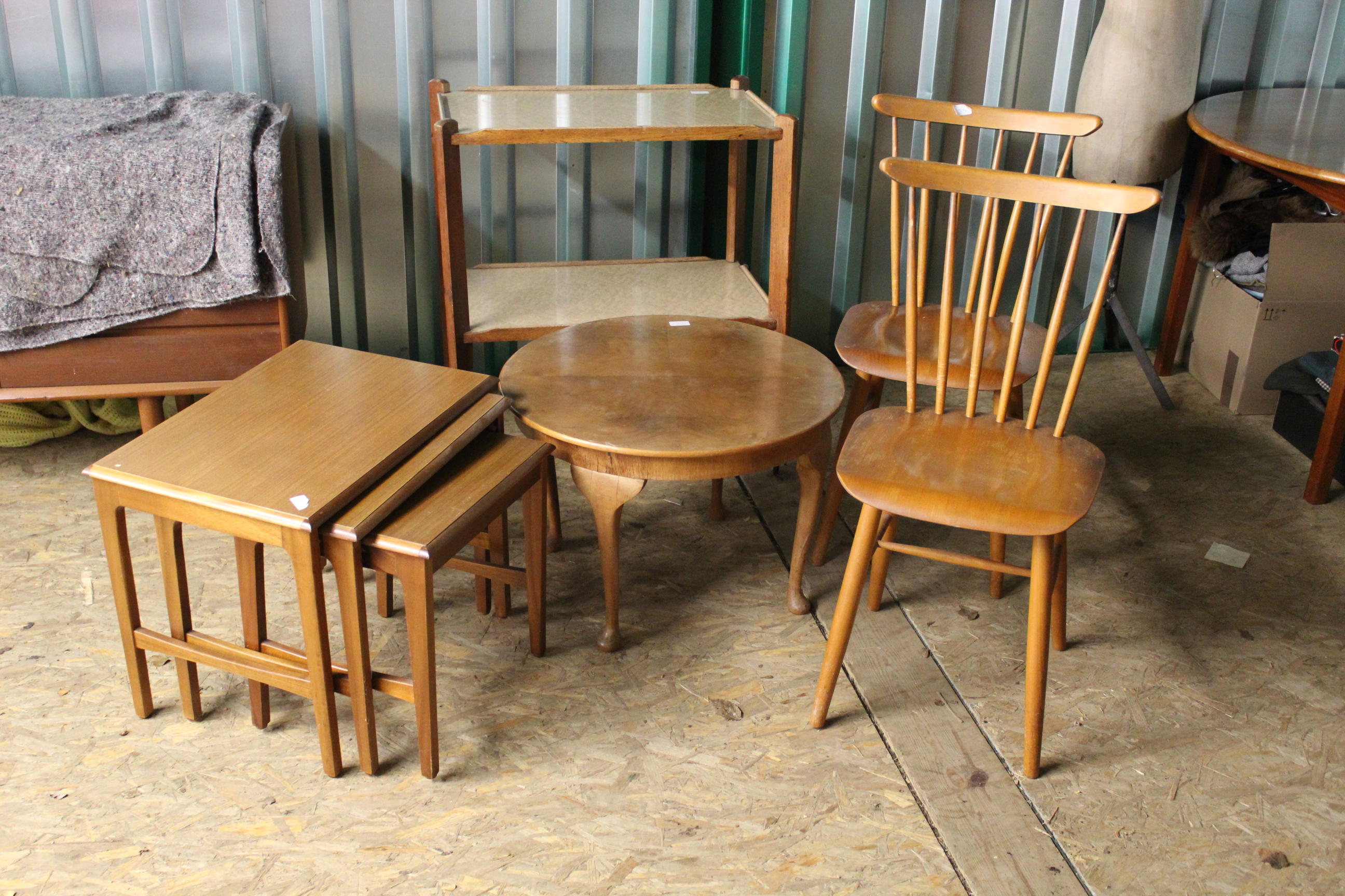 A collection of vintage wooden furniture including a nest of tables, two kitchen chairs, - Image 2 of 2