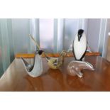 A collection of mid Century art glass animal figures including a Wedgwood bird and other bird,