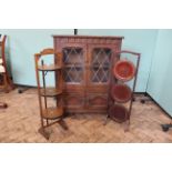 Two folding cake stands plus an oak glazed cabinet