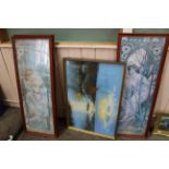 A set of four framed prints by Alphonse Mucha and a framed oil on canvas,