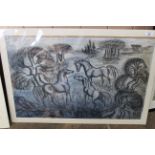 A 1950's charcoal, chalk and watercolour drawing of horses in the New Forrest,