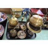 Five brass kettles, a brass jug, brass rose bowl,