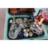 A small tray of metal items to include a miniature cooking range,
