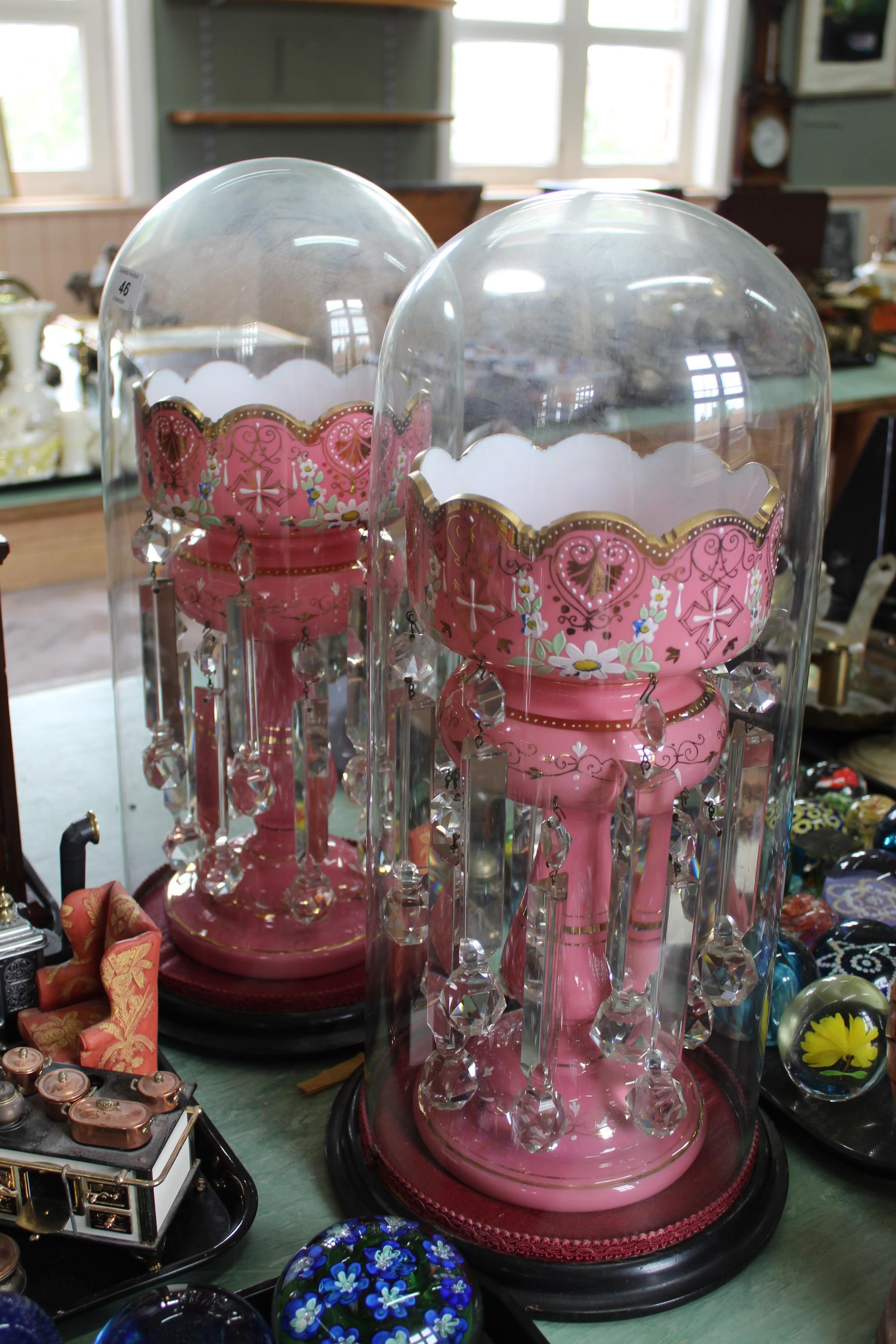 A pair of Victorian pink glass lustres with enamel decoration and cut clear crystal droplets housed - Image 3 of 4