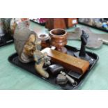 A small tray with late 19th Century tobacco jar figure of a monk, three snuff boxes, an inlaid box,