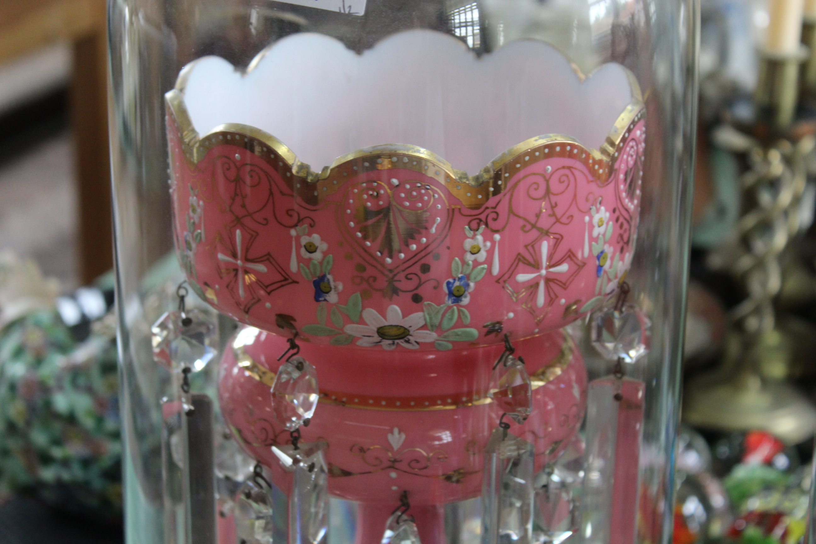 A pair of Victorian pink glass lustres with enamel decoration and cut clear crystal droplets housed - Image 4 of 4