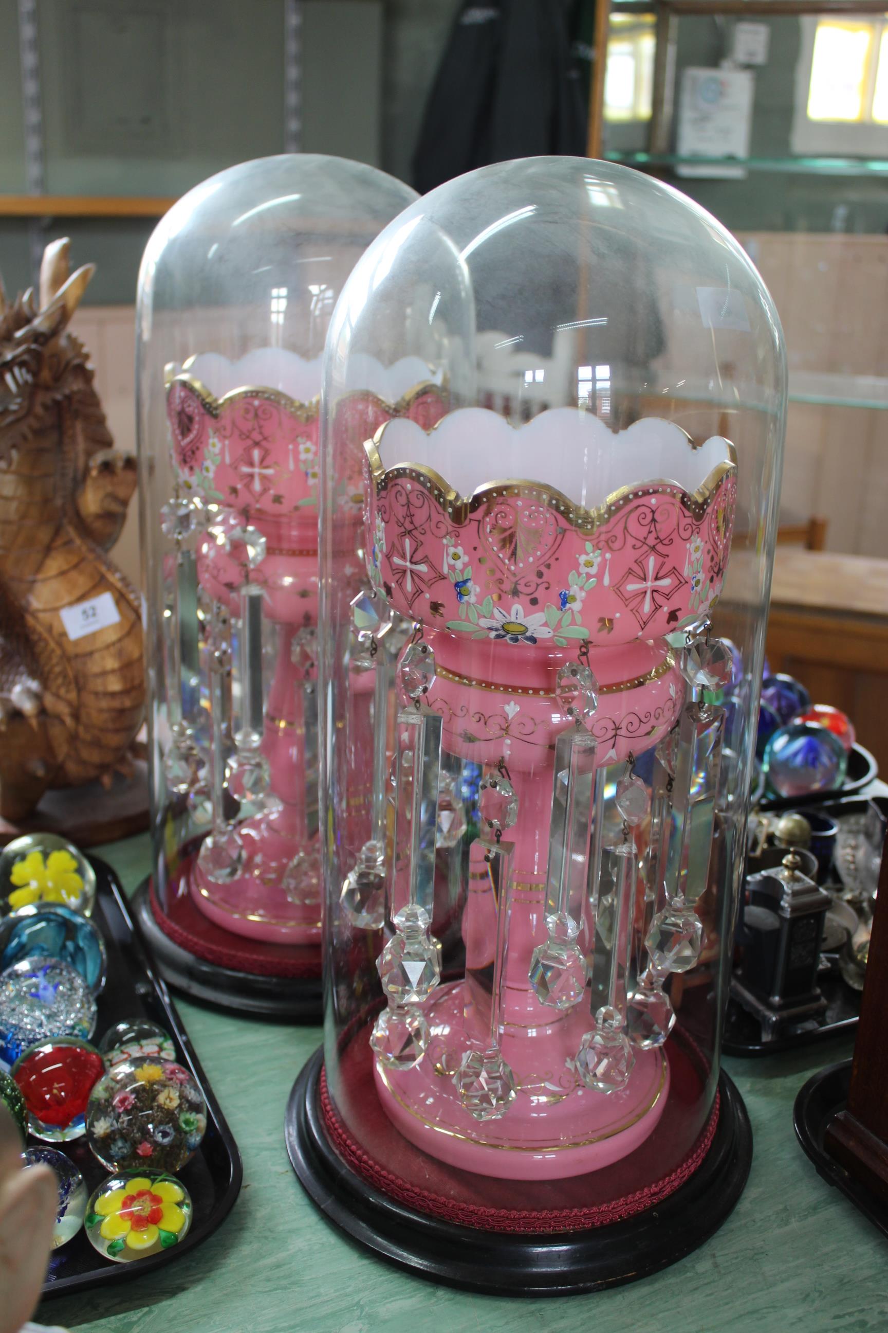 A pair of Victorian pink glass lustres with enamel decoration and cut clear crystal droplets housed - Image 2 of 4