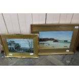 Two watercolours including a shoreline scene by J Maybank (1920) plus another countryside scene by