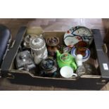 A box with various teapots and ceramics including two plated teapots, a Jasperware coffee pot,