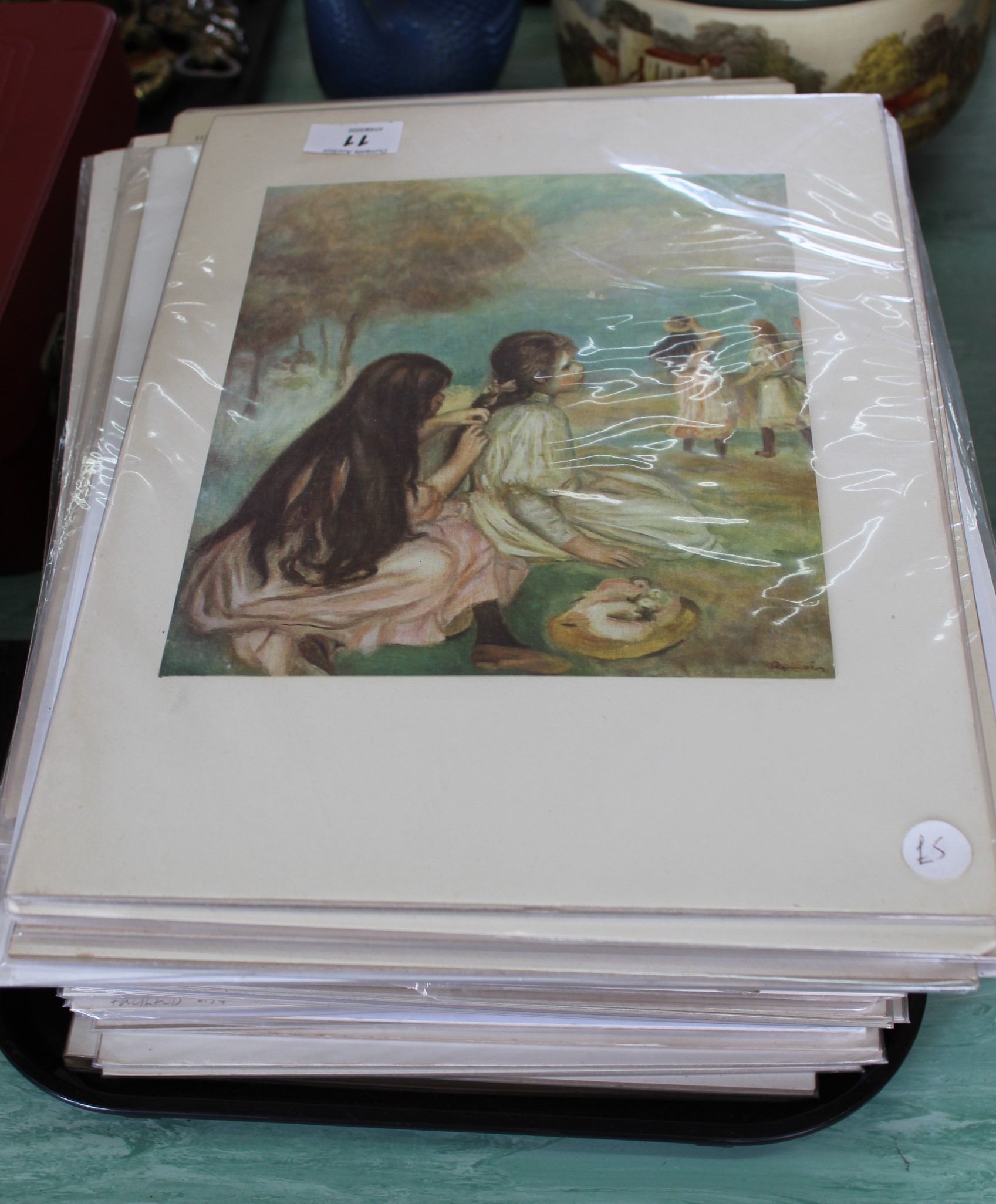 A tray of mounted prints, a large number with various subjects including classical scenes, biblical,