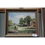 An oil on board signed J Crowfoot entitled 'The Stack Yard',