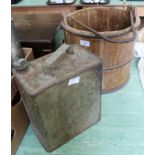 A large wooden water bucket with three iron hoops and iron handle plus a Pratts petrol can