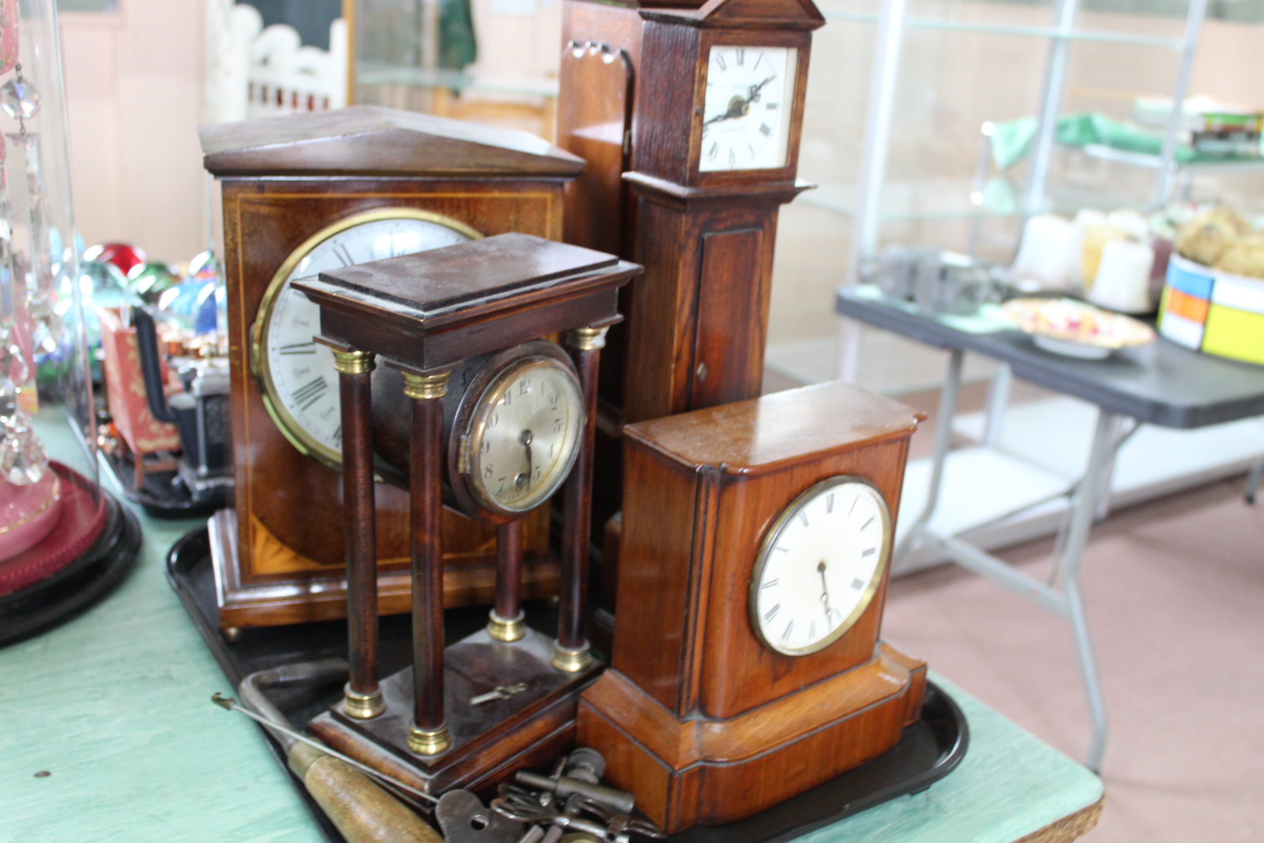 Five various wooden cased mantel clocks including a miniature long case - Image 3 of 3