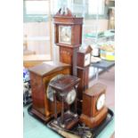 Five various wooden cased mantel clocks including a miniature long case