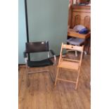 A 'Hamilton' black leather and brushed steel chair (as found) plus a folding beech chair