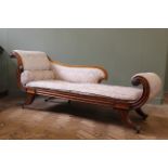 A late Regency mahogany framed scroll end chaise longue on brass square castors 86" x 27" x 34"