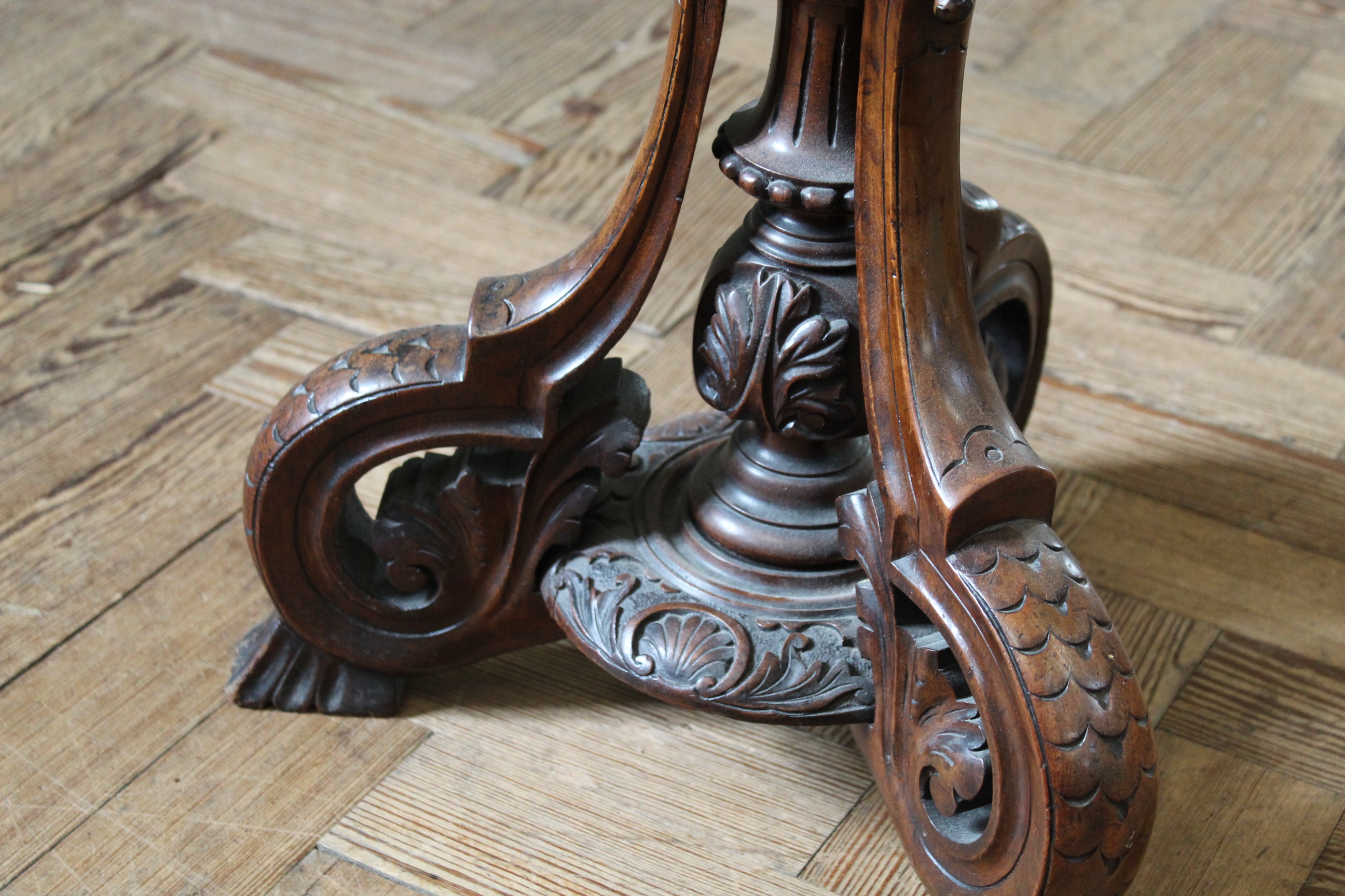 A mid 19th Century walnut tray top coffee table on a carved tripod base (adapted), - Image 2 of 3