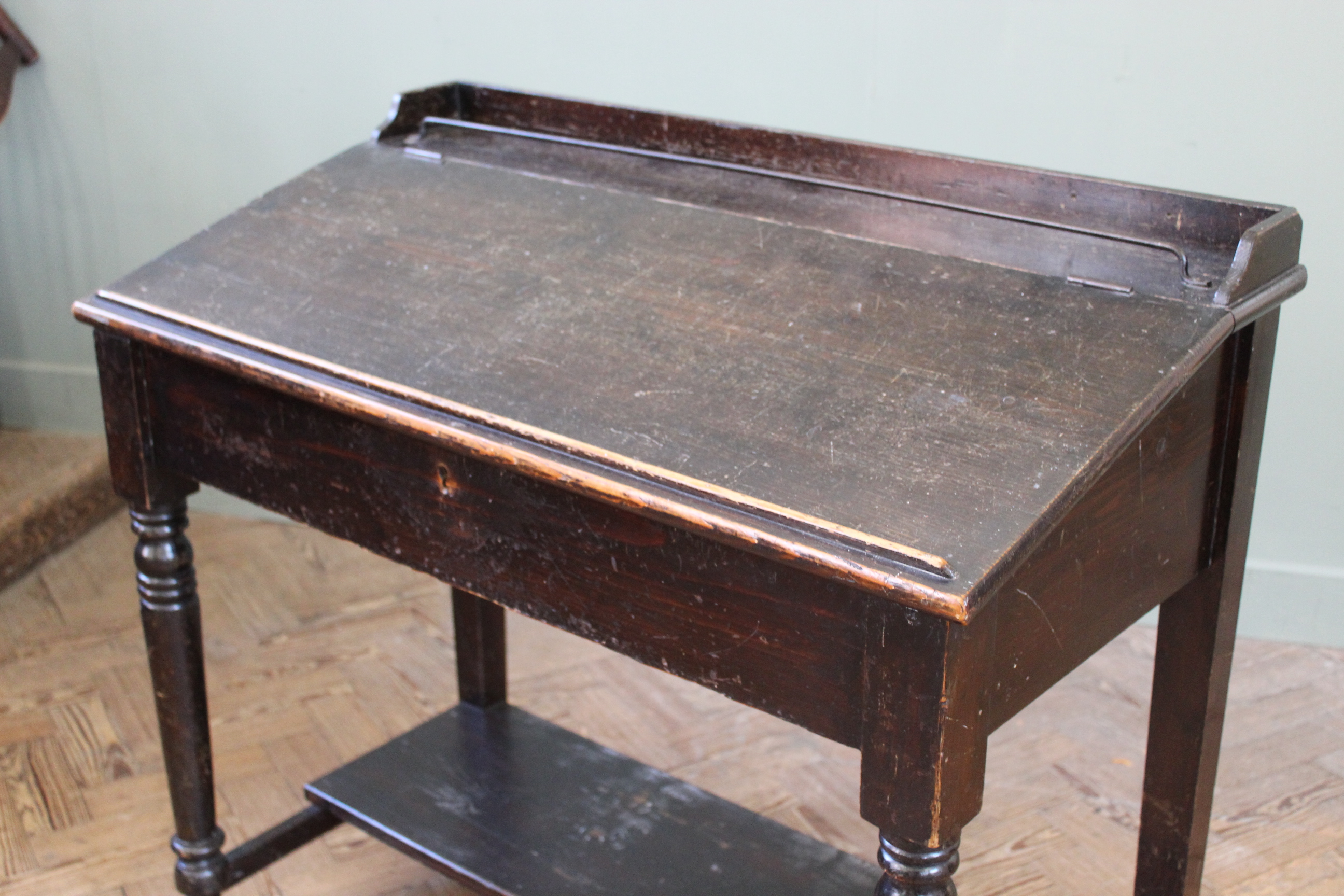 A late 19th Century stained pine slope front desk, lift up top with fitted interior, - Image 2 of 3