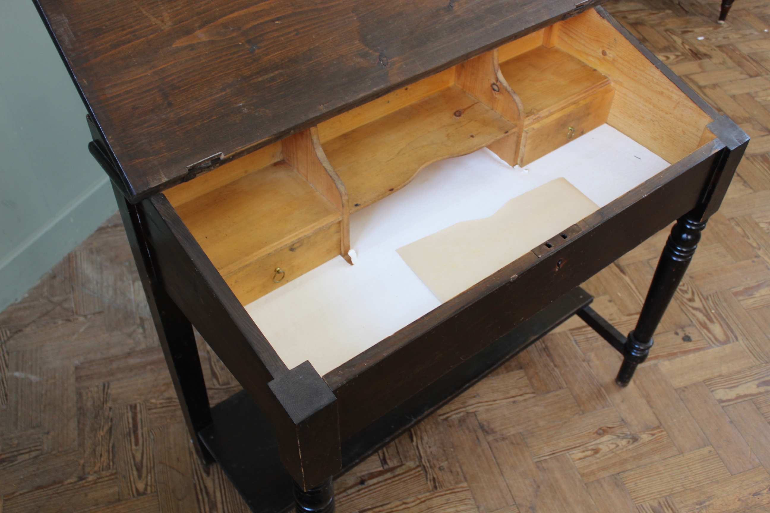 A late 19th Century stained pine slope front desk, lift up top with fitted interior, - Image 3 of 3