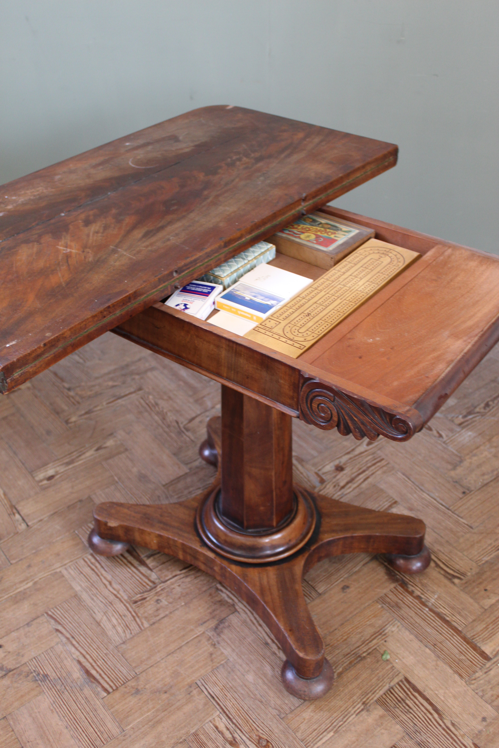 A William IV mahogany card table on hexagonal column and platform base (top as found), - Image 3 of 3