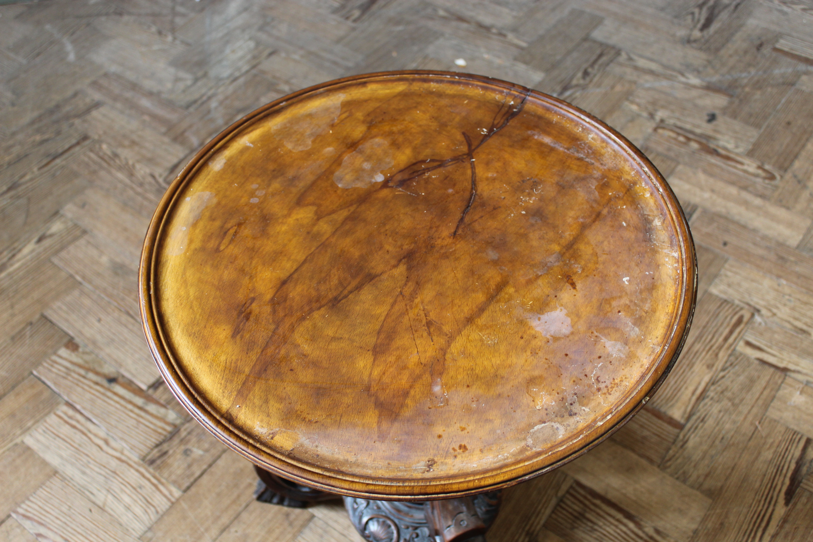 A mid 19th Century walnut tray top coffee table on a carved tripod base (adapted), - Image 3 of 3