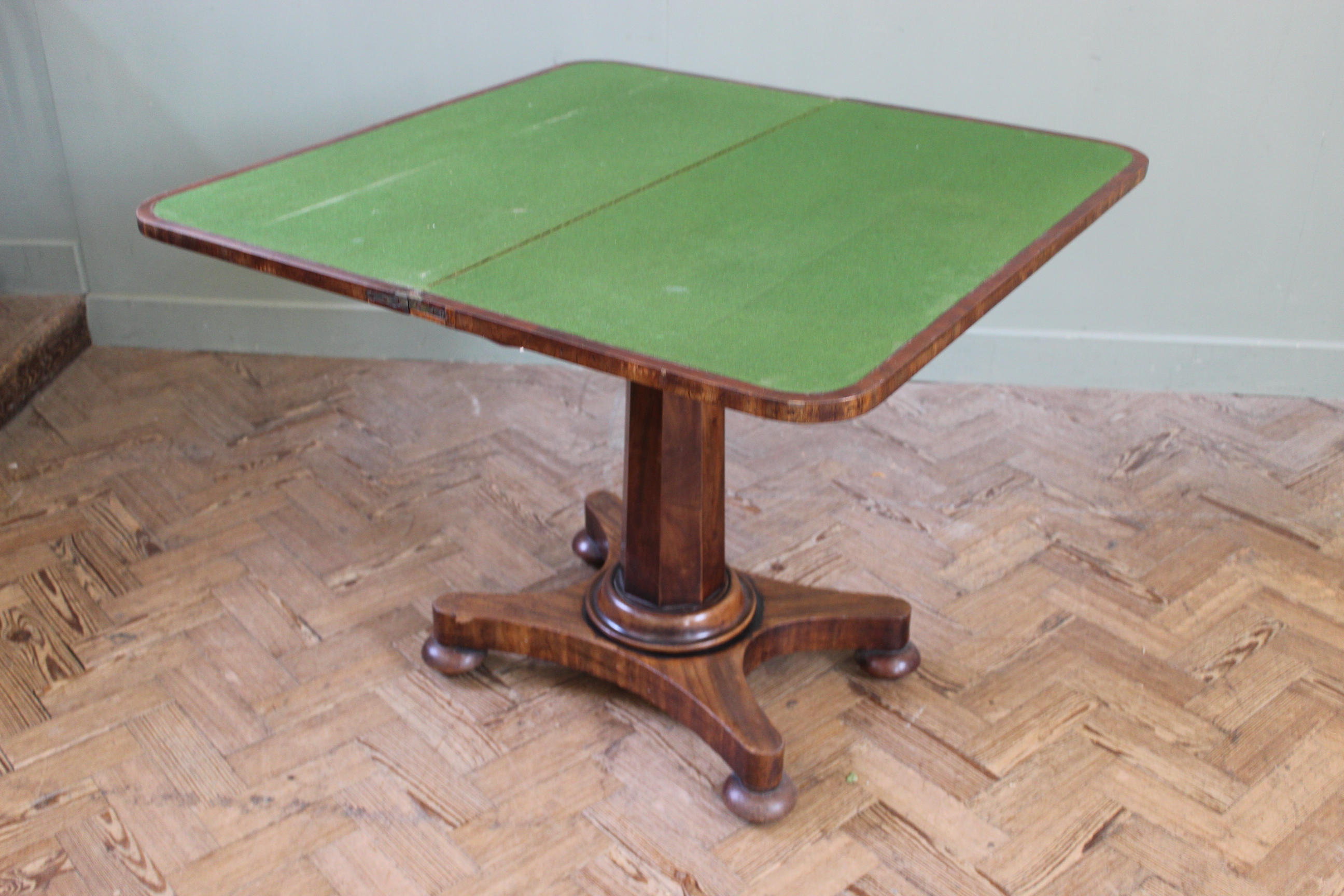 A William IV mahogany card table on hexagonal column and platform base (top as found), - Image 2 of 3