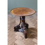 A mid 19th Century walnut tray top coffee table on a carved tripod base (adapted),