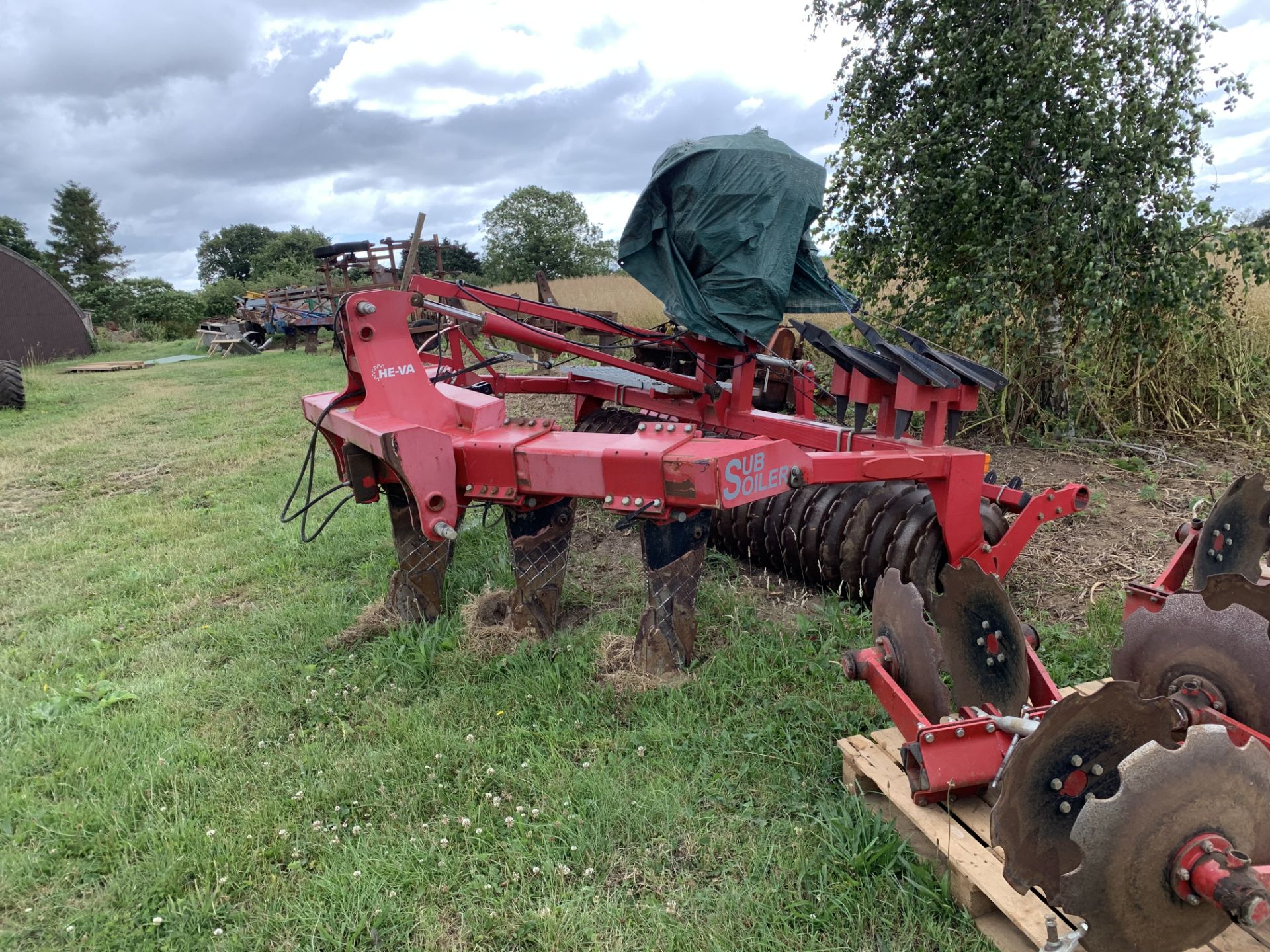 HE - VA 5 tine subsoiler with roll (SN28588) and air seeder unit, c/w homemade attachment for discs,