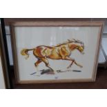 A framed watercolour of a galloping horse signed Louise Mizen '93,