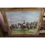 Pamela Edwards, framed oil on canvas of a race meeting with horses, signed Pamela Edwards 1960,