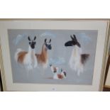 A framed and glazed pastel study of llamas, signed Carloyn Alexandra 1973,