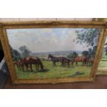 A framed oil on canvas of horses in a landscape with foals "Countesta,