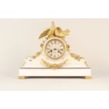 A mid 19th Century French marble mantle clock, gilt metal mounts surrounded by gilded doves,