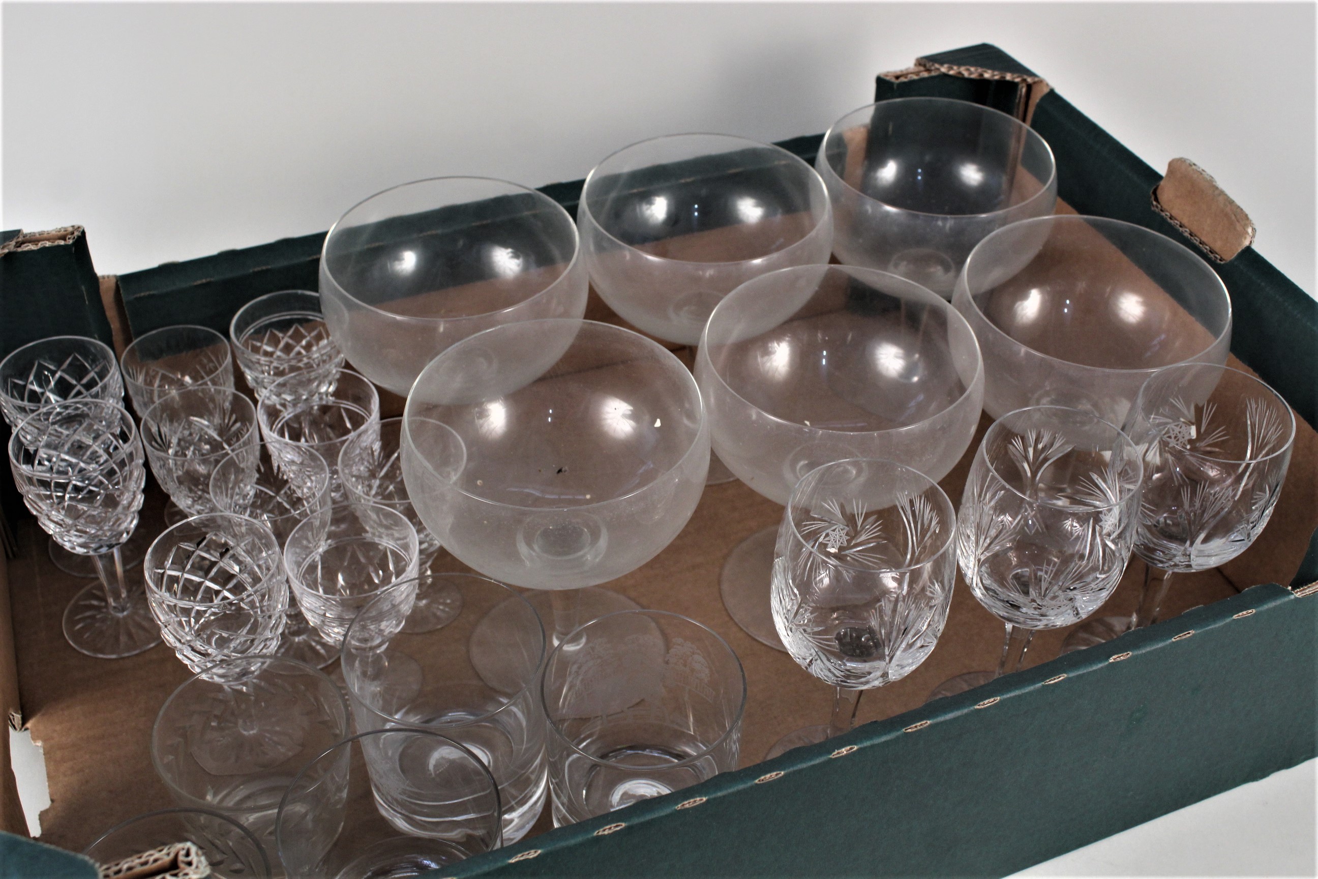 Mixed drinking glasses including a set of six very large champagne glasses