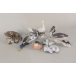 A selection of Royal Copenhagen animal and bird figures including foxes, geese, ducks,