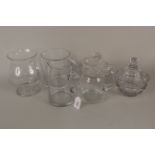 Six cut glass items, two Victorian hand cut jugs,