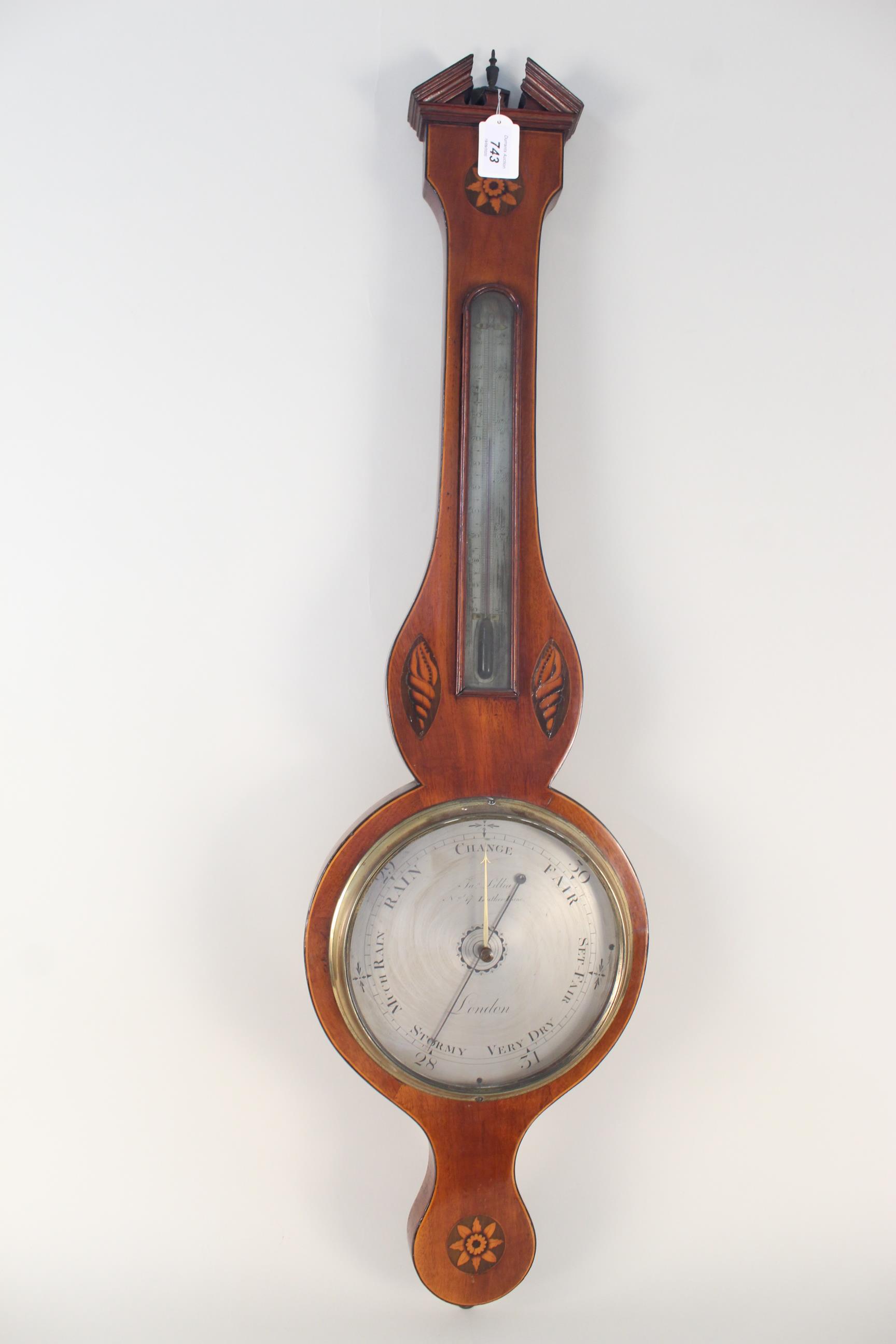 An early 19th Century mahogany case banjo barometer with Sheraton style shell inlay,