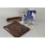 A Copenhagen vase, Chinese blue and white vase, embossed leather stationery wallet,