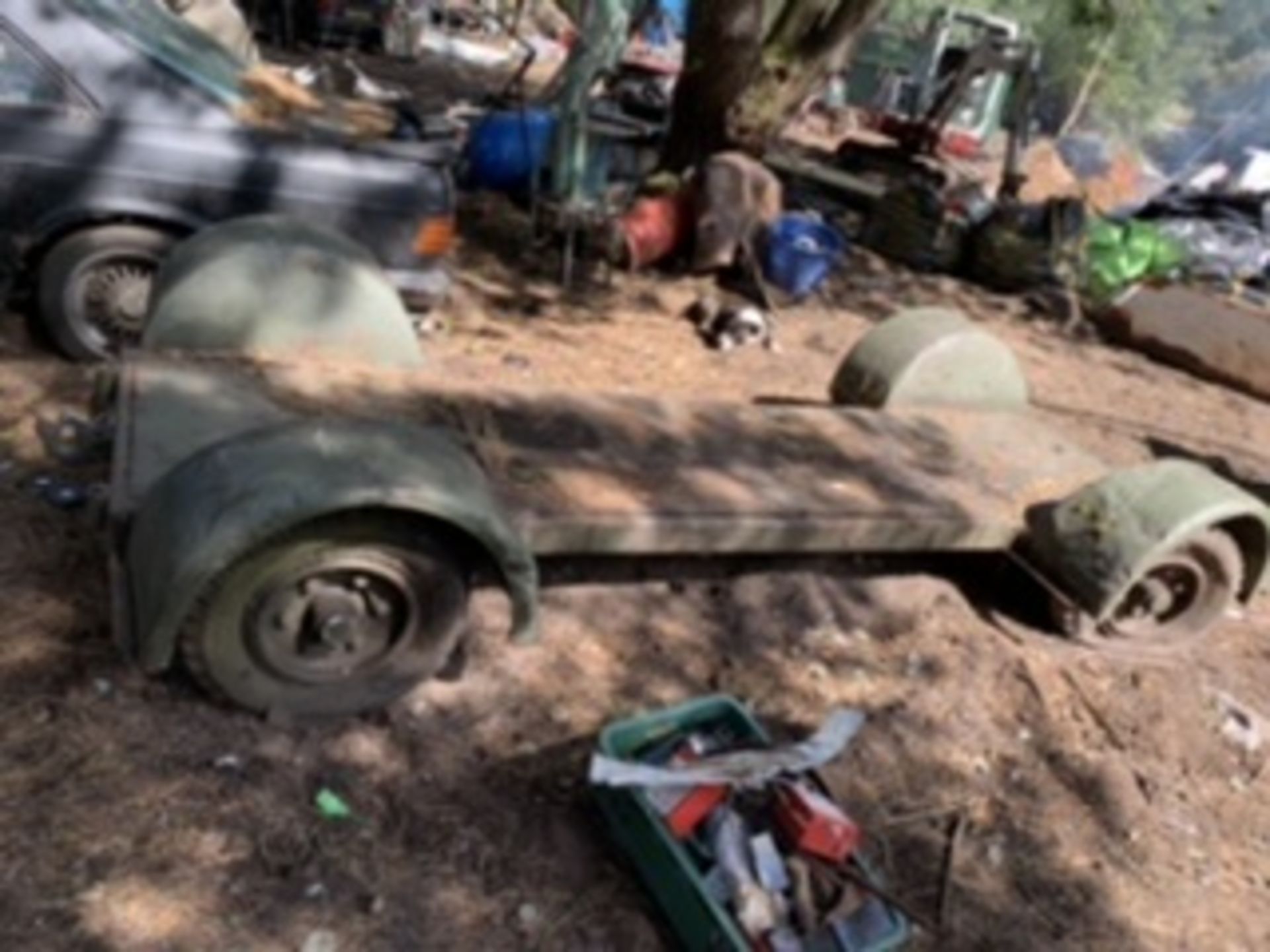 Ex army trailer, length 3.7m, width 1.7m. Stored near Thetford, Norfolk.