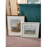 A selection of pictures including watercolours of a rural church scene signed Montagh 10" x 12"