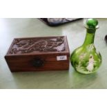 A carved Chinese box plus a green Mary Gregory style decanter (as found)