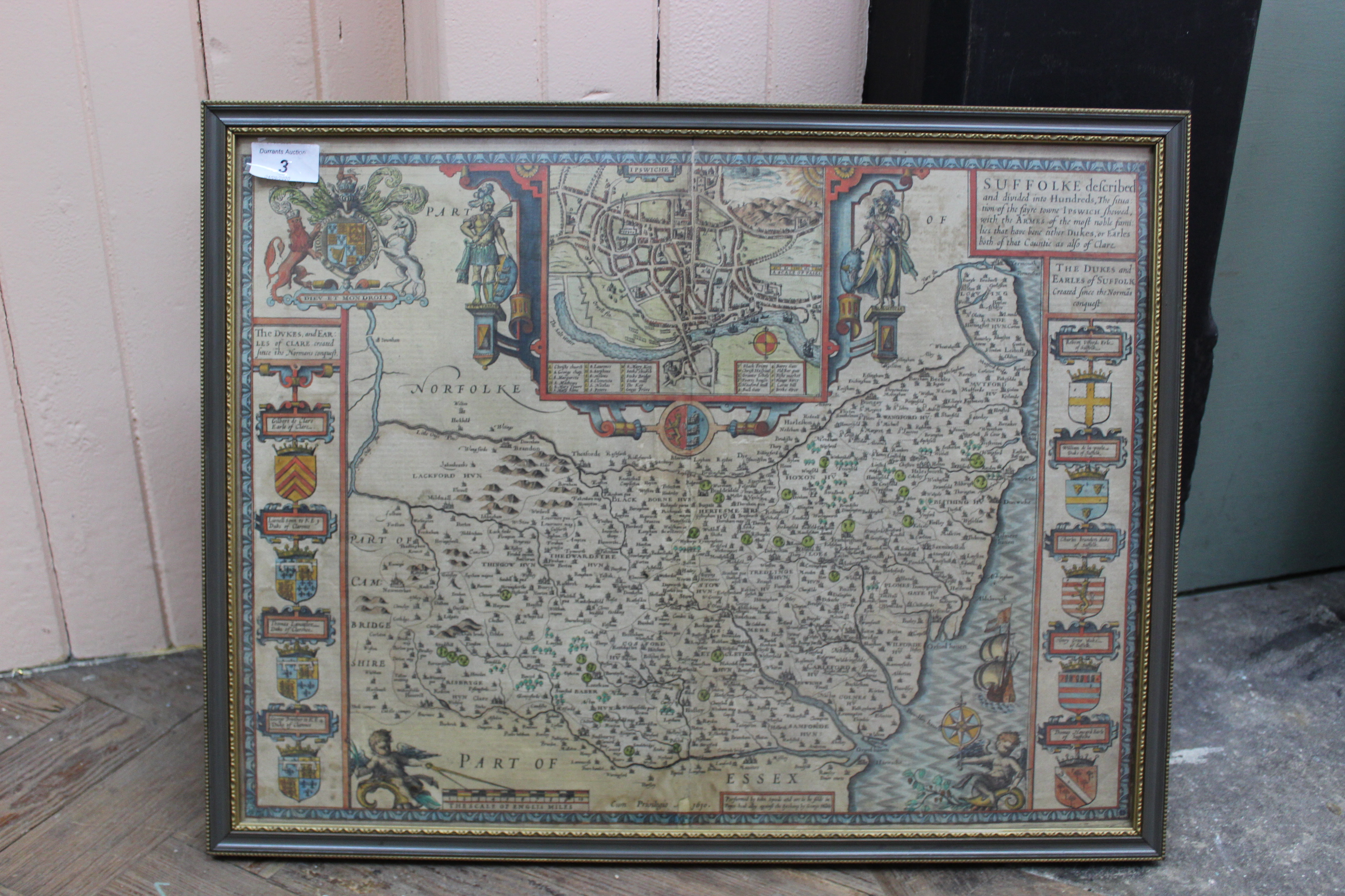 A map of Suffolk by John Speede 1610 with Arms of the most prominent families of the country,