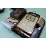 A tray with vintage 'Boots' first aid box with contents, three Rolls razors, two small wood trays,