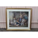 A 19th Century watercolour of a Scottish farm boy with dog and a goat cart at harvest time,