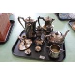 A tray of plated ware including two coffee pots, candelabra,