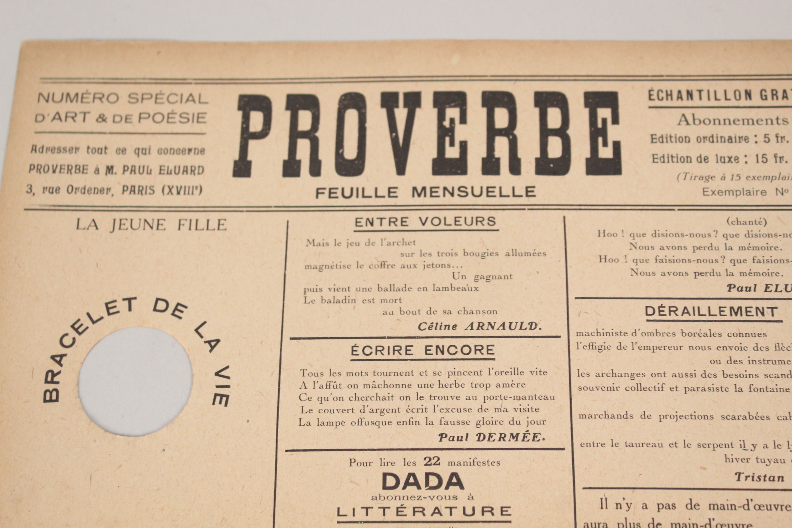 Paul Eluard (1895-1952) PROVERBE (Dada review) Numéro spéciale d'art & de poésie (No 4), 1920. - Image 4 of 5